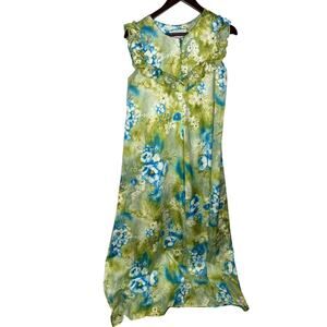 Vintage Ludi's Waikiki Hawaii Maxi Dress Green/blue‎ Ruffle Collar